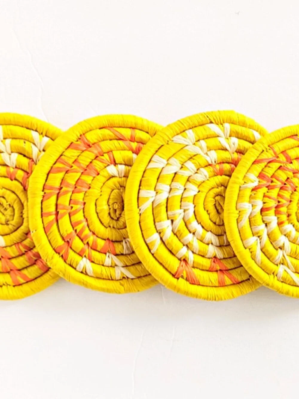 Yellow Woven Raffia Grass Drink Coasters Set of 4 | Bohemian African Decor